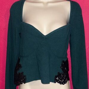 Express green ribbed knit top with lace sides. Faux corset details Sz Large.